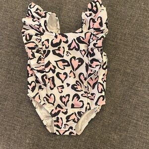 Girls' Pink Heart Print Ruffle One-Piece Swimsuit